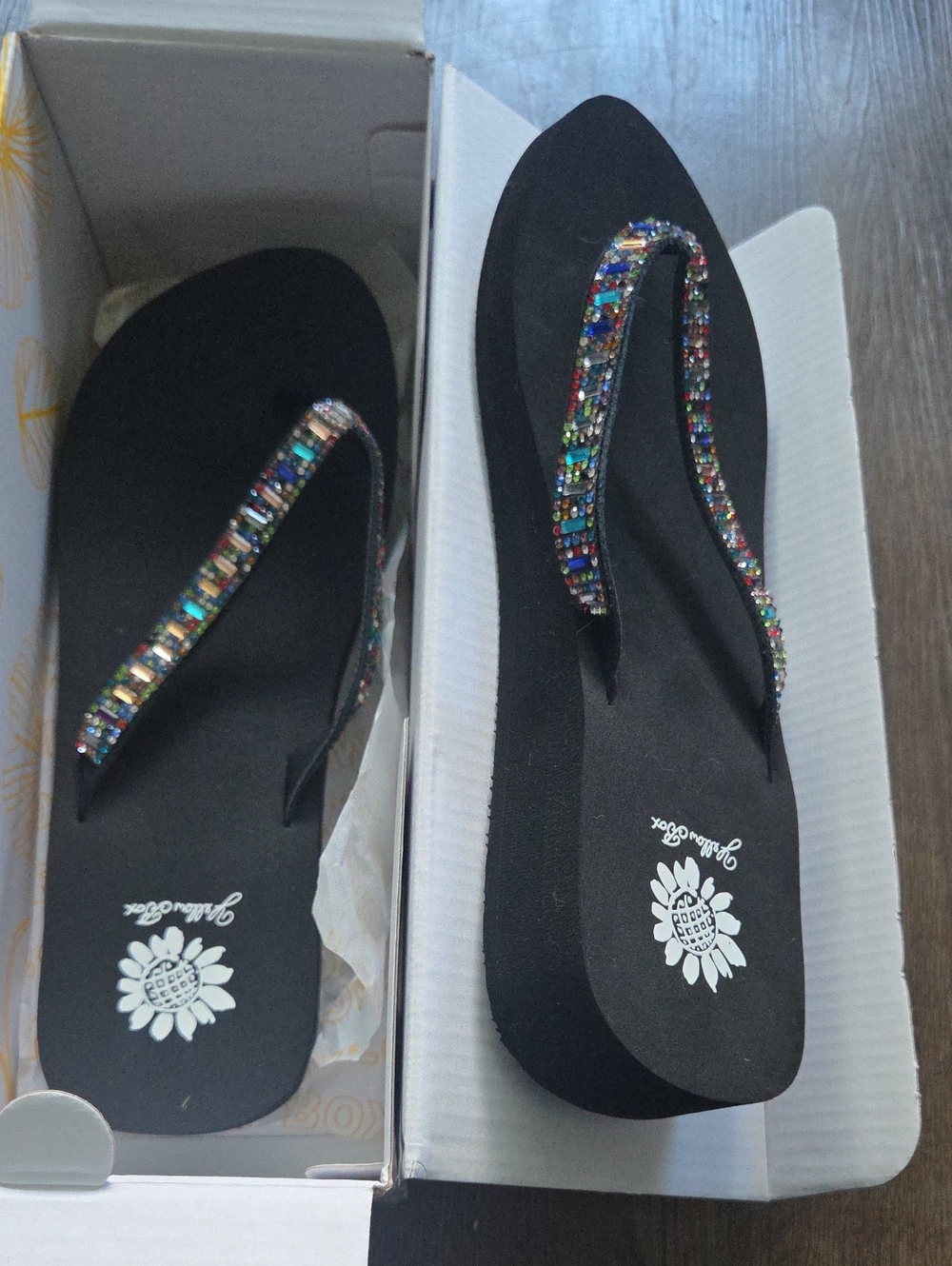 Yellow Box Black Flip Flops with Multicolor Gemstone Straps